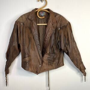 Vintage 80s Western Leather Jacket Fringe Laced Brown Boho Rodeo Cowboy Biker L